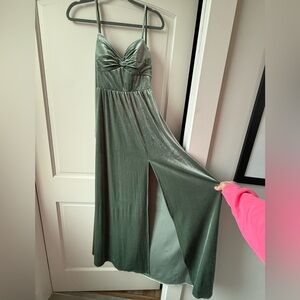 Azazie Sage Green Velvet V-Neck Wide-Leg Jumpsuit